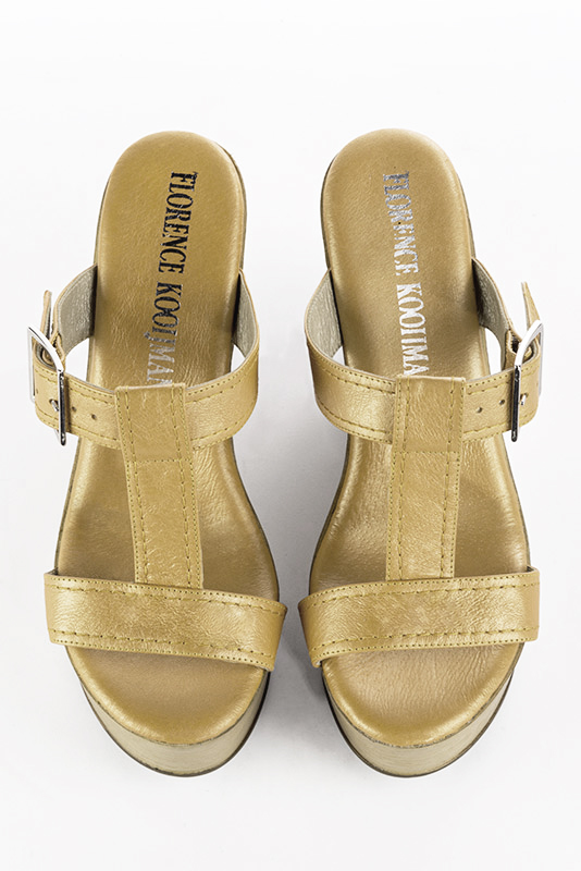 Gold women's fully open mule sandals.. Top view - Florence KOOIJMAN
